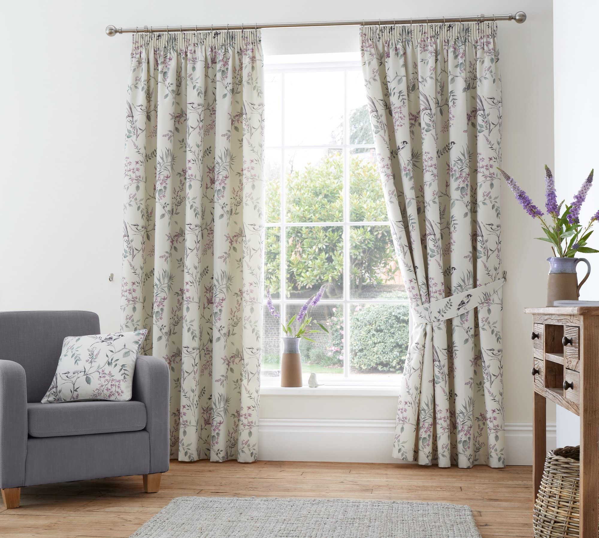 Dreams & Drapes Design - Jazmine - 100% Cotton, Fully Lined, Pencil Pleat Pair of Pencil Pleat Curtains With Tie-Backs - 90" Width x 90" Drop (229 x 229cm) in Heather