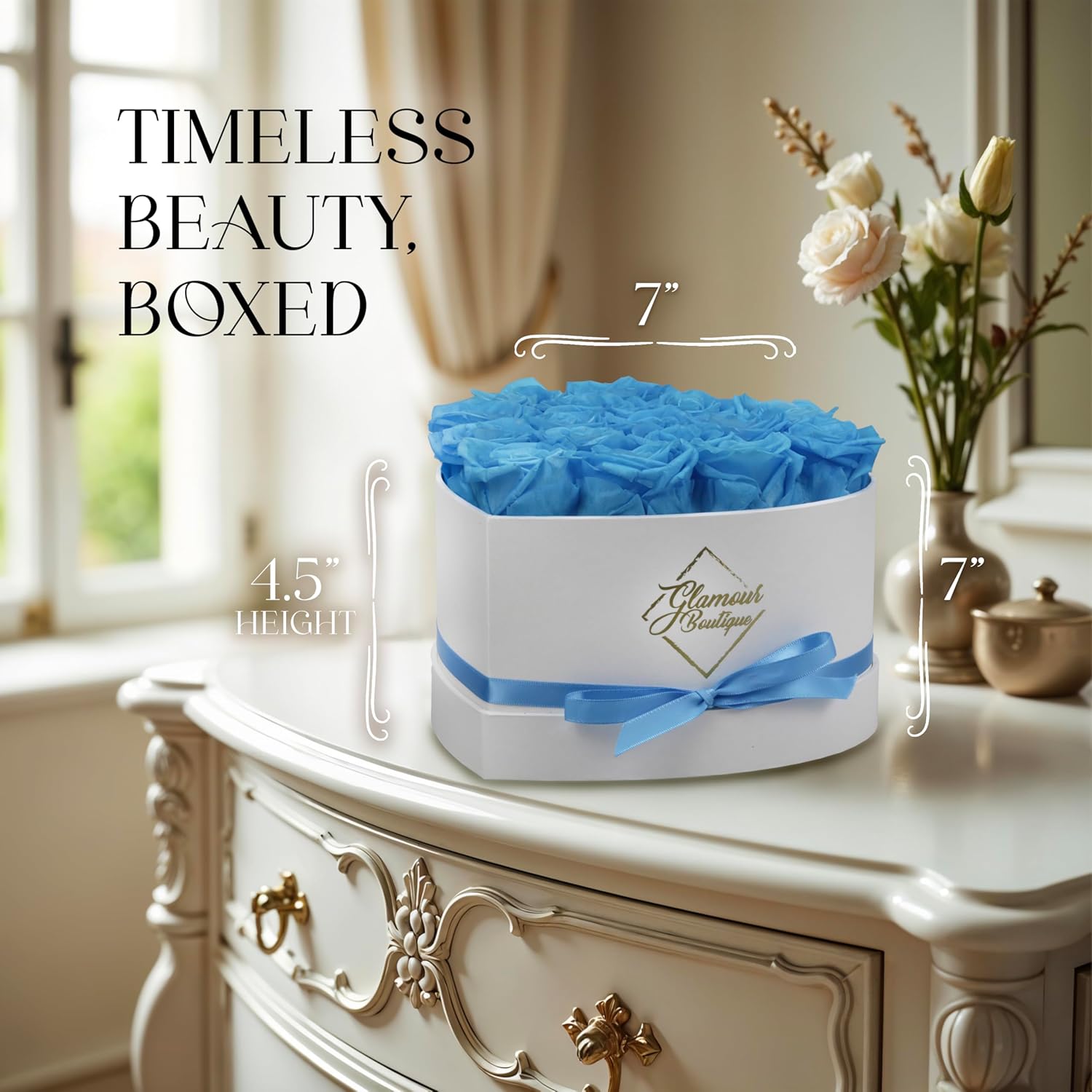 GLAMOUR BOUTIQUE Preserved Roses in a Box - Gifts for Her, Wife & Mom, Rose Flowers Forever Decor for Birthday Gift, Get Well Flower Bouquet Cased in White Box with Cover - Teal - 16 (Color-Treated) - Image 5