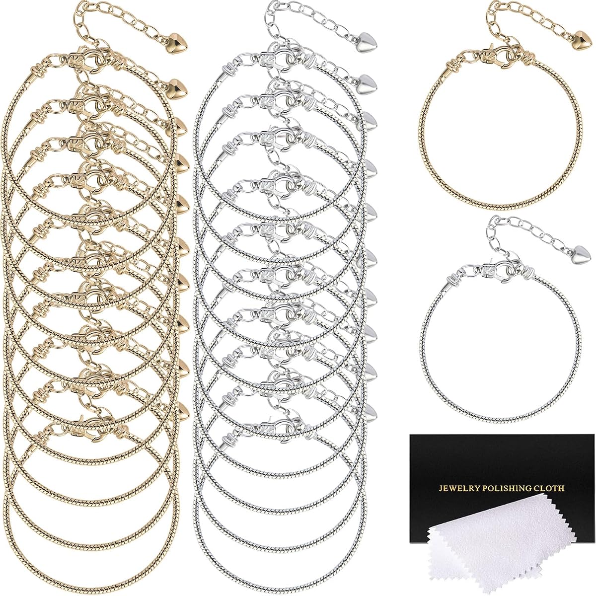 20 Pcs Snake Charm Bracelet Chain Adjustable Charm Bracelet Kit 3mm Dainty Snake Chain Bracelets Chain with Heart Lobster Clasp Extender Chain for Christmas DIY Women Jewelry Making Gifts Supplies