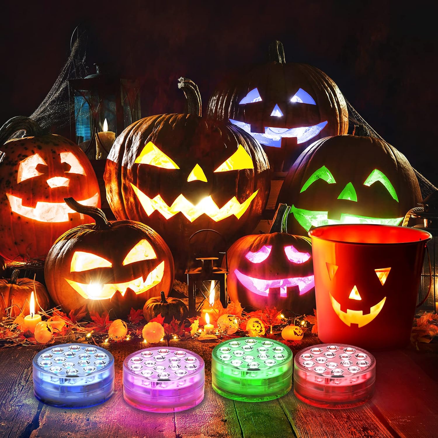 Ruyilam Halloween Pumpkin Lights, 4 Pack 16 Color Changing LED Pumpkin Lights with Timer/Remote, Battery Operated Jack-O'-Lantern Waterproof Halloween Decorations Bucket Lights for Halloween Decor