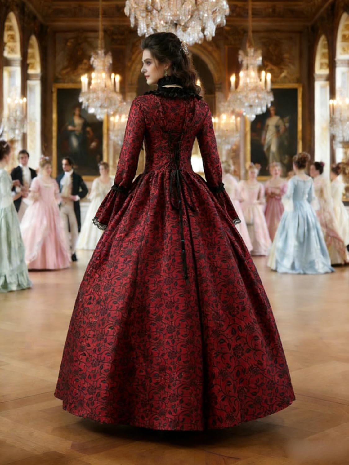 CountryWomen 18th Century Women's Rococo Ball Gown Printing Costumes Long Gothic Victorian Dress Masquerade Theme Dresses - Image 4