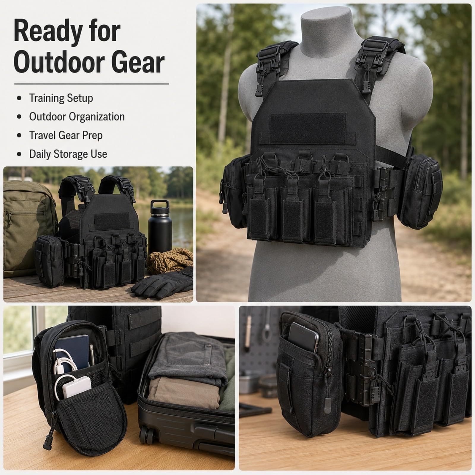Genérico Arnes de Carga Modular Kit, Chaleco de Pecho Airsoft Ajustable | Incluye Base Bolsa Triple Panel Navegacion Bolsa Smartphone Bolsa Radio y Bolsa Trasera de Carga Utilidades