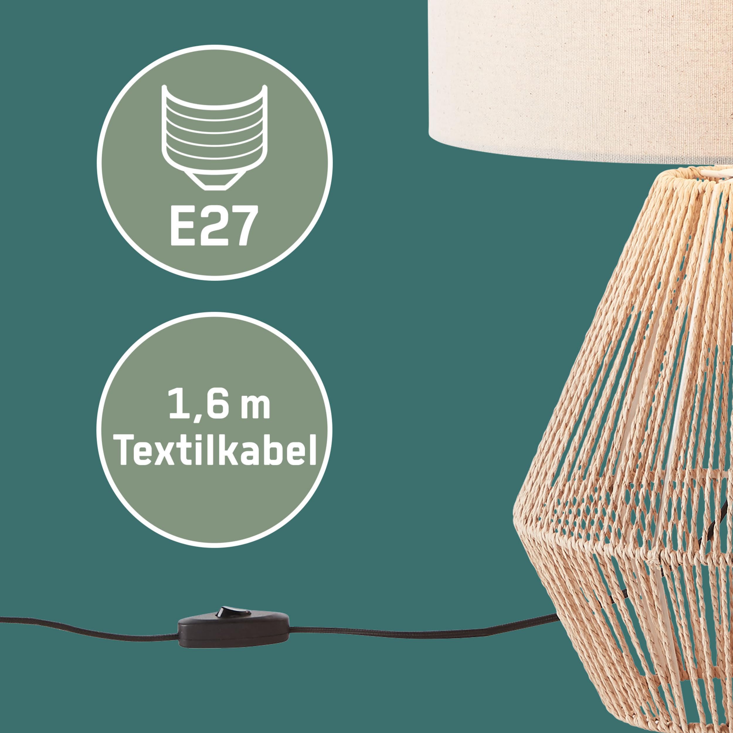 Lightbox Lampada Da Tavolo In Stile Nature – Cemento E Corda, Altezza 12cm, Con Interruttore Sul Cavo