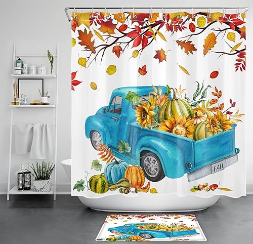 Miniatura 17 de Cortina de ducha de hongos otoñales para baño, flores silvestres y hojas de otoño en puerta de granero rústica, cortinas de ducha con ganchos