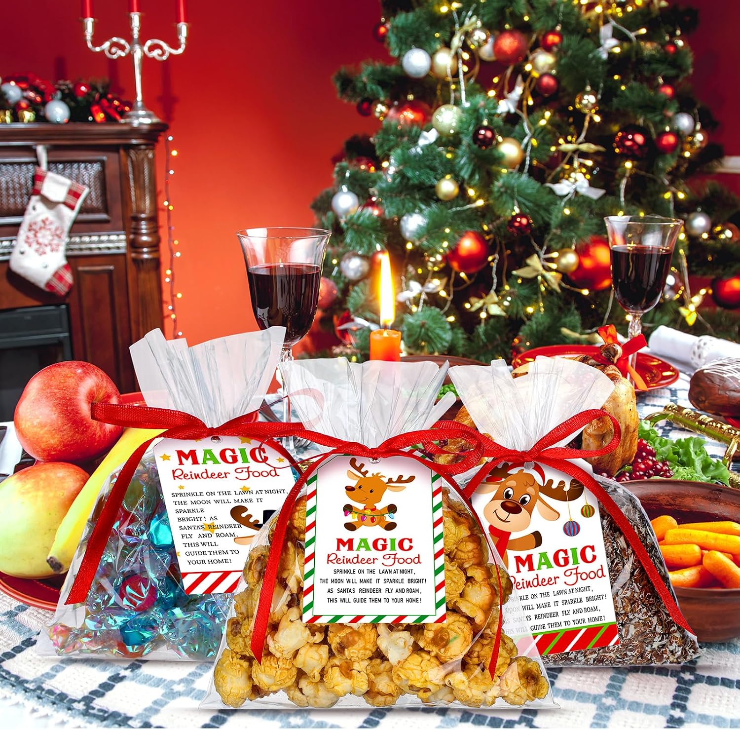 Yexiya 150 Pcs Christmas Cellophane Bags with Reindeer Food Tags Red Ribbon Xmas Treat Bags Plastic Goodie Bags for Holiday Cookies Candies Wrapping Party Favors Gift Decorations, 10 Styles