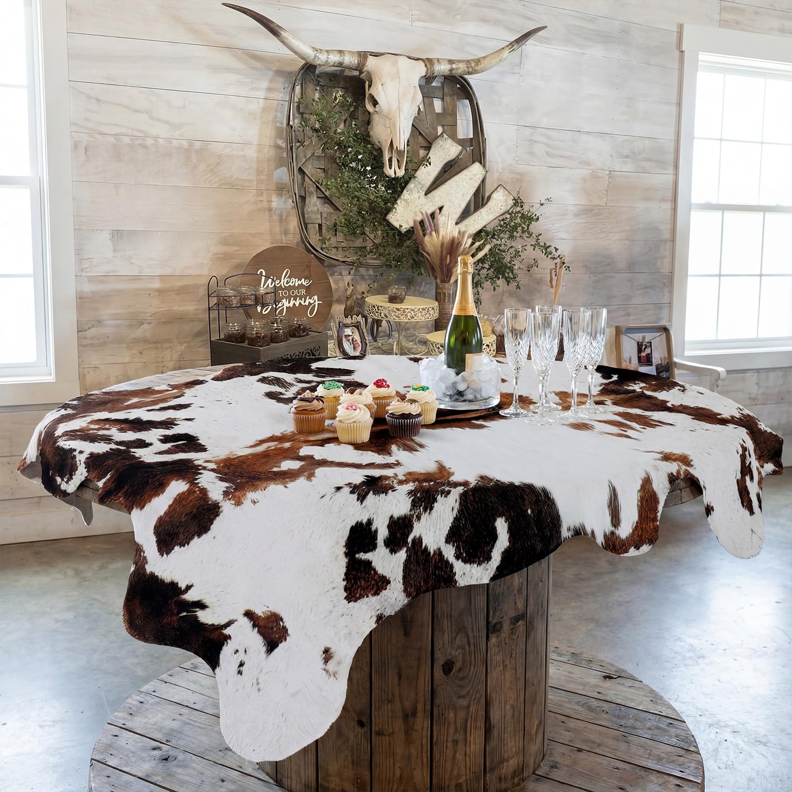 Photo 1 of Moukeren 1 Pack 60 x 31.5 inches Cow Tablecloth Brown White Cowhide Print Western Farmhouse Style Table Cloth for Kitchen Dining Tablecloths Table Cover Decor for Party Patio