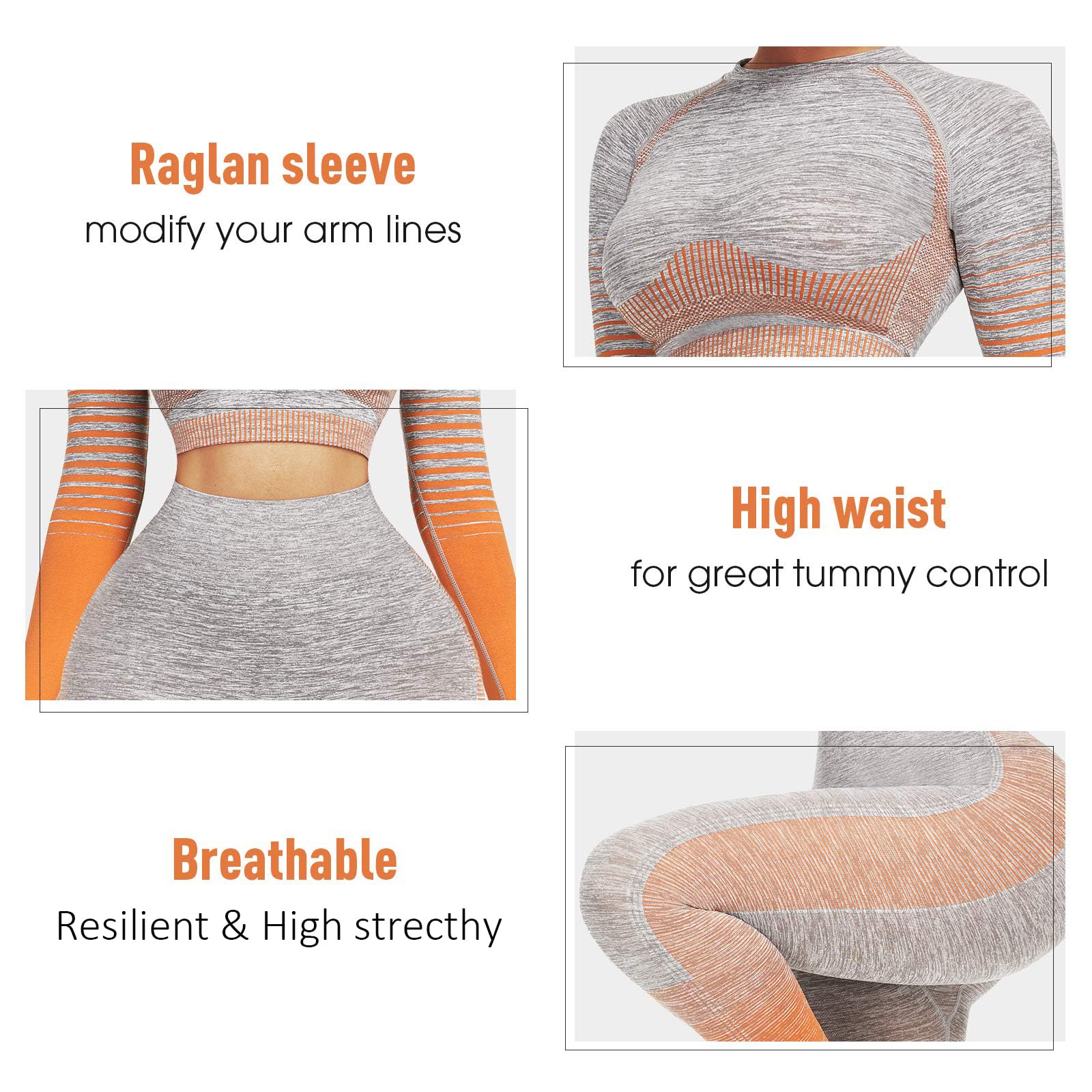 JOYMODE Zestawy treningowe dla kobiet, 2-częściowe bezszwowe legginsy z wysokim stanem i crop top, strój do jogi, pomarańczowy, rozmiar M, pomarańczowy, M