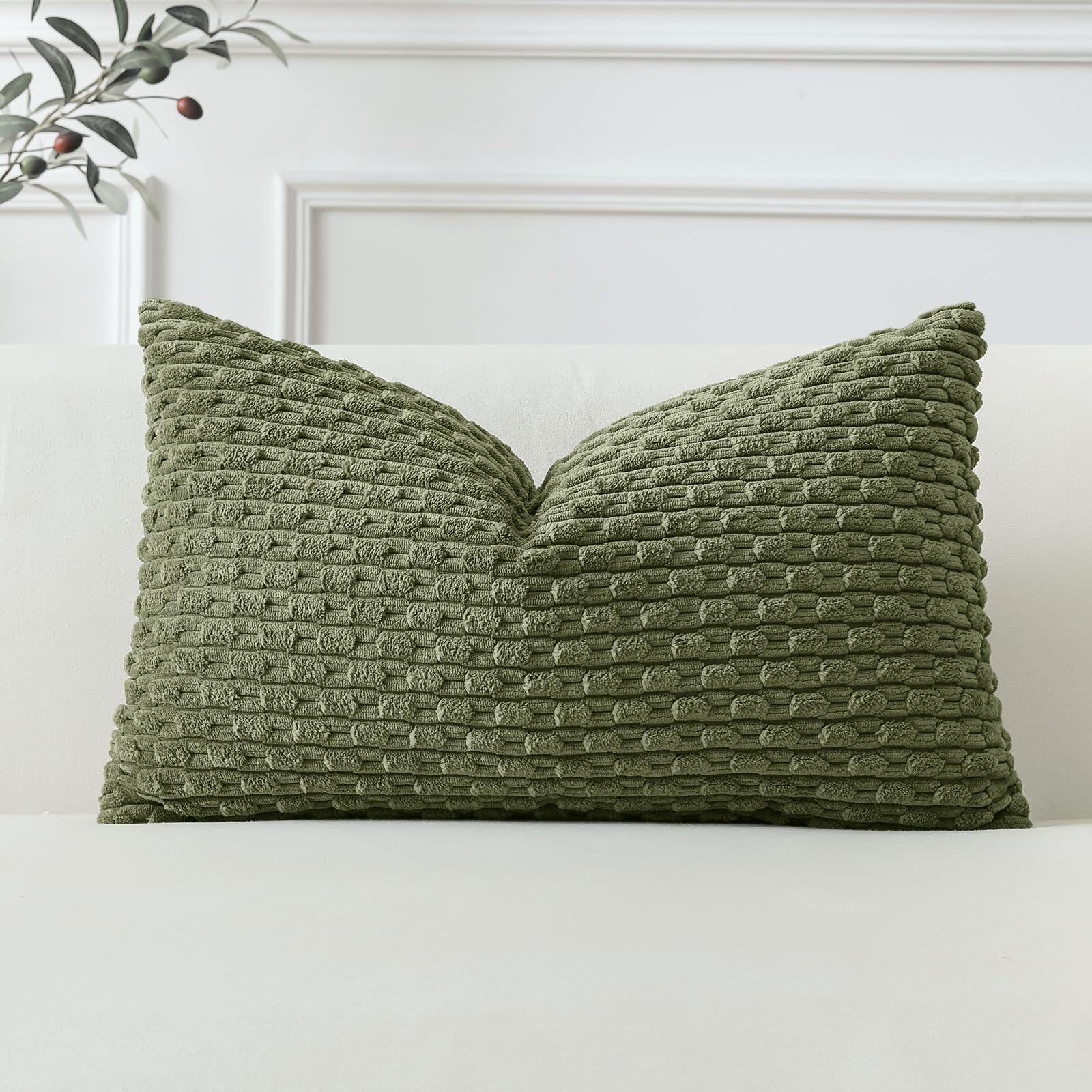 Sungeek Set of 1 Olive Green Soft Corduroy Decorative Cushion Cover Boho Striped Throw Pillow Cover for Sofa Couch Living Room Patio Farmhouse Home Decor Pillowcase 30x50cm