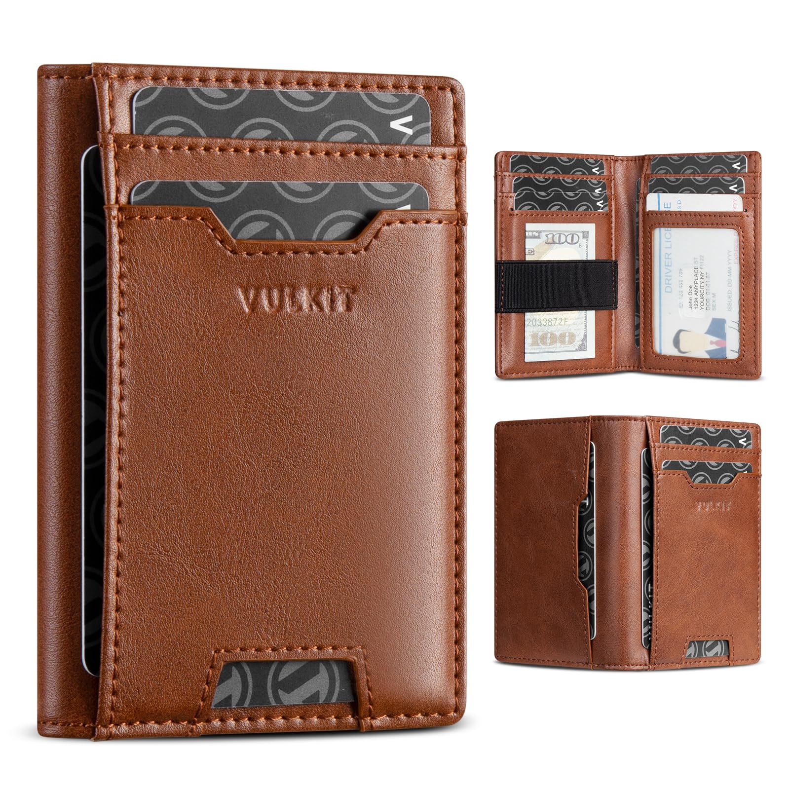 VULKIT Étui pour cartes de crédit, blocage RFID, en cuir fin, poche avant, porte-monnaie pour homme, porte-cartes bancaires, accès rapide avec 10 emplacements et bande pour argent pour factures ou