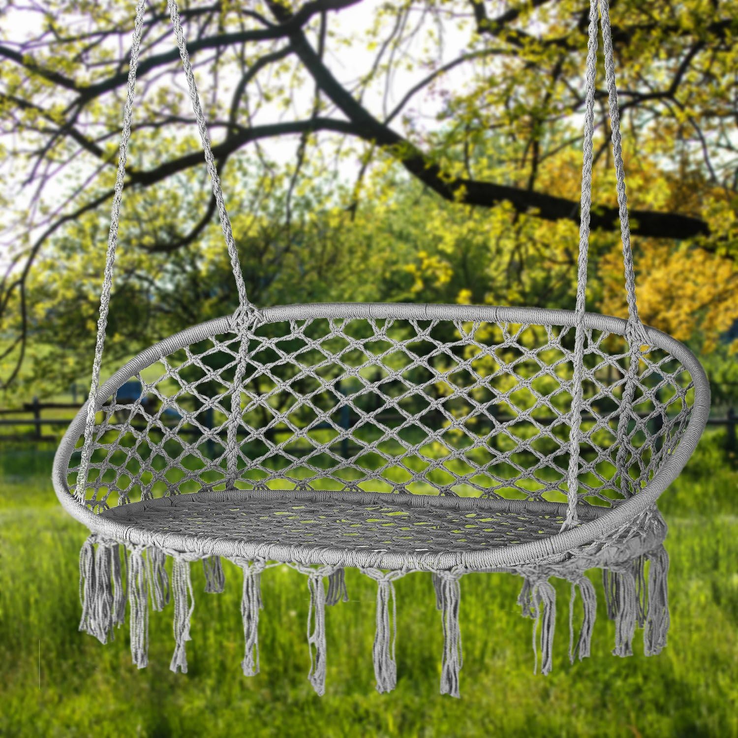 Fauteuil Suspendu 2 Personnes XXL, Double Chaise Suspendue Exterieur de jusqu'à 200 kg, Boho Chaise Hamac Suspendu Interieur, Fauteuil Balancoire Bohème, Ideal pour Jardin, Gris