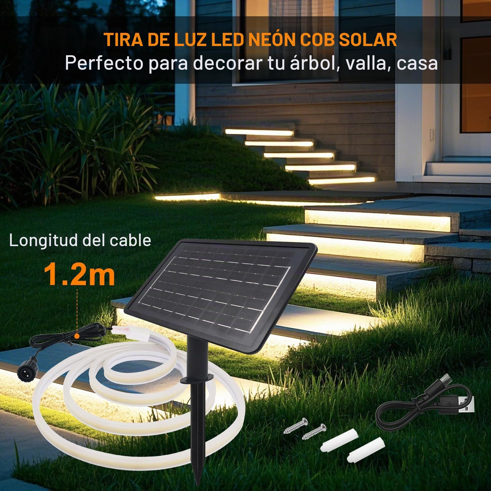 Tira de luces LED Solar 24V, 8 Modos de luces de neón para exteriores, IP65 Tira de Neón Solar Cuttable 5cm, 320LEDs/m Tira LED COB súper brillante para patio, patio(Blanco Cálido,7M)