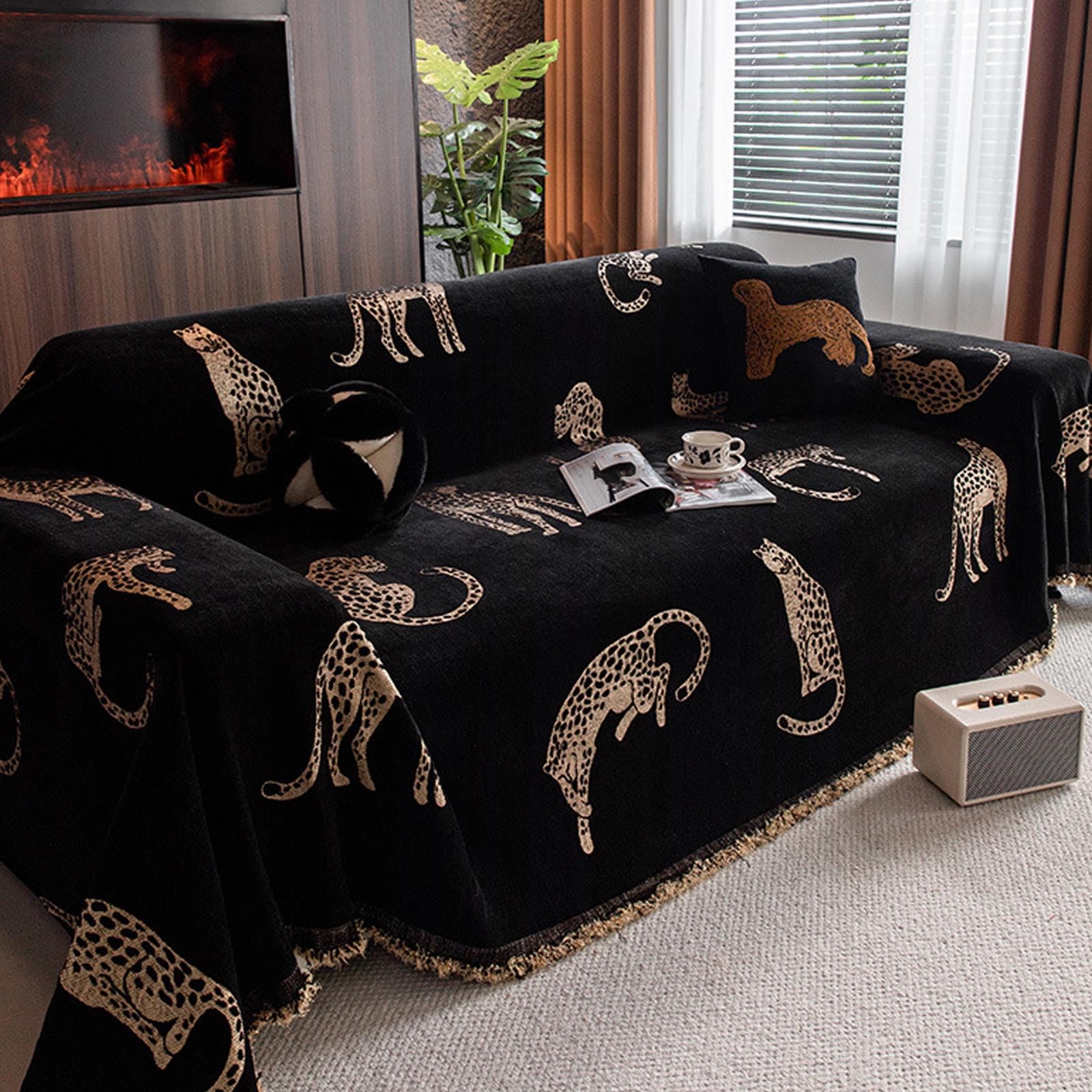 Housse de canapé en chenille noire 180x460cm pour grand canapé d'angle sectionnel