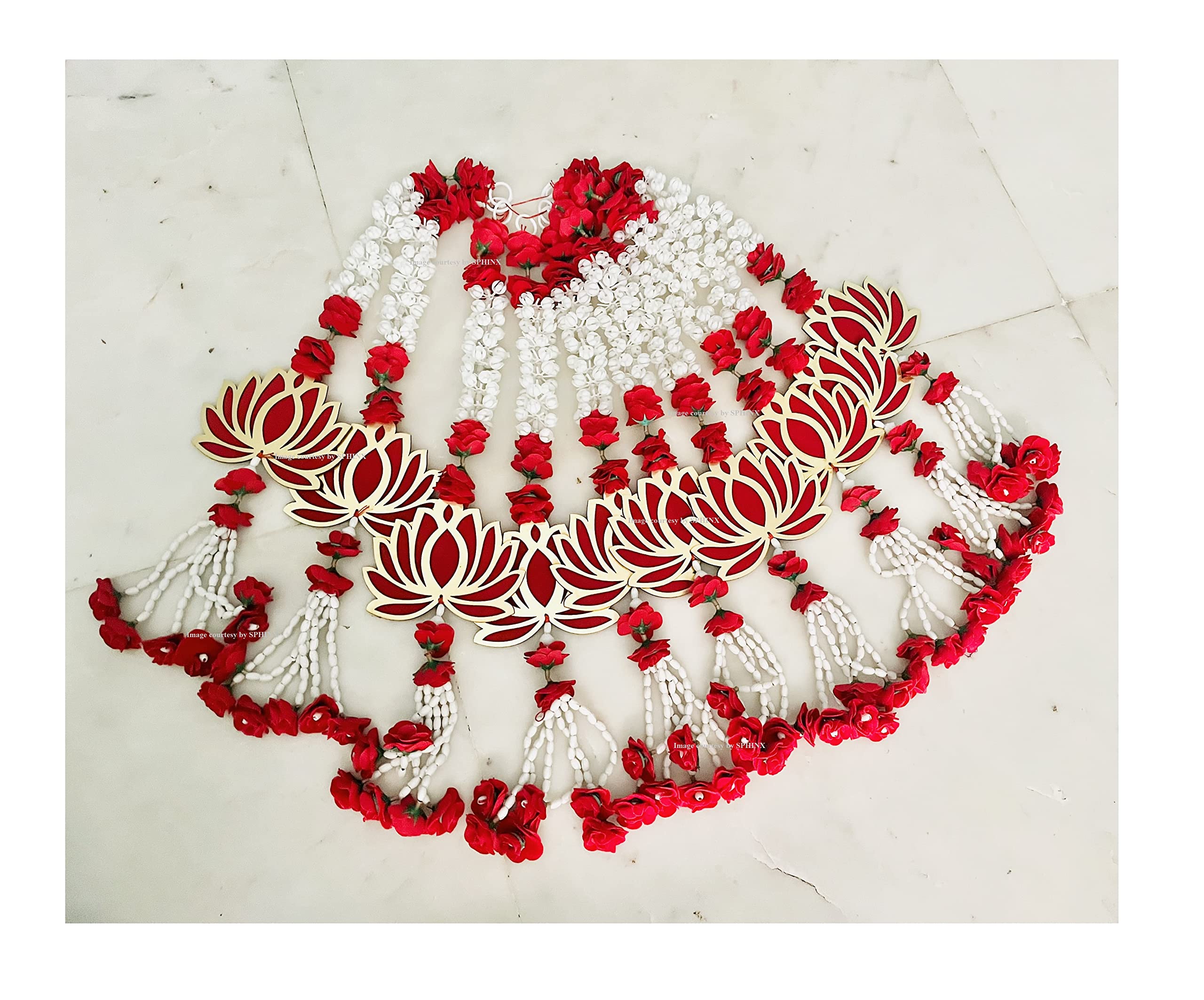 SPHINXMDF Lotus Cut Outs, Lotus hangings with Artificial Jasmine (mogra) and red Roses Garlands Decorative Latkans,Easy Simple Backdrop Hangings for Decorations- (10 Pieces)
