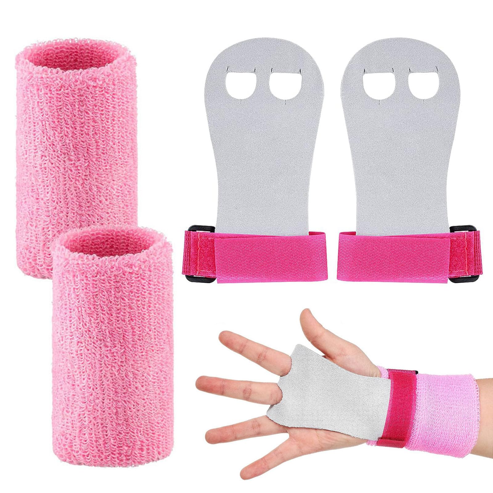 KRENIE Gymnastics Grips Wristbands Sets for Kids -2 Set Sports Gymnastics Bar Hand Grips with Pink Sweatbands – Palm Protection and Wrist Support for Kids Training and Workouts