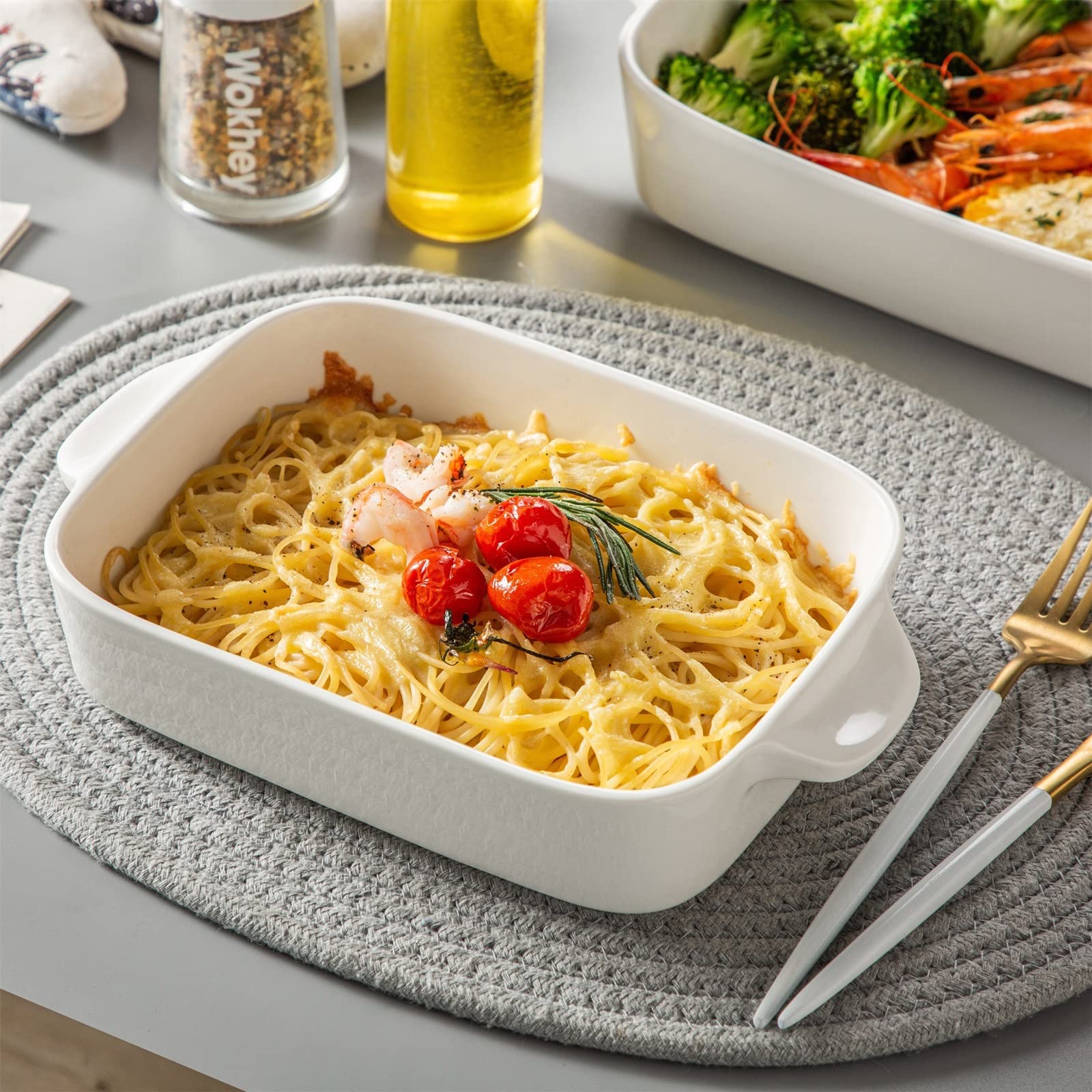 Formy do zapiekanek, biała patelnia do pieczenia, prostokątna, zestaw 3 misek do pieczenia z porcelanowymi uchwytami, idealna do lasagne, tiramisu i zapiekanek (B)