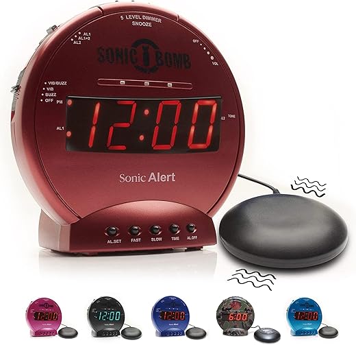 Sonic Alert Sonic Bomb Dual Alarm Clock with Bed Shaker, Red Vibrating Alarm Clock Heavy Sleepers photo Sonic Alert Sonic Bomb Dual Alarm Clock with Bed Shaker, Red Vibrating Alarm Clock Heavy Sleepers