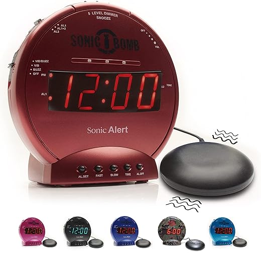 Sonic Alert Sonic Bomb Dual Alarm Clock with Bed Shaker, Red Vibrating Alarm Clock Heavy Sleepers photo Sonic Alert Sonic Bomb Dual Alarm Clock with Bed Shaker, Red Vibrating Alarm Clock Heavy Sleepers
