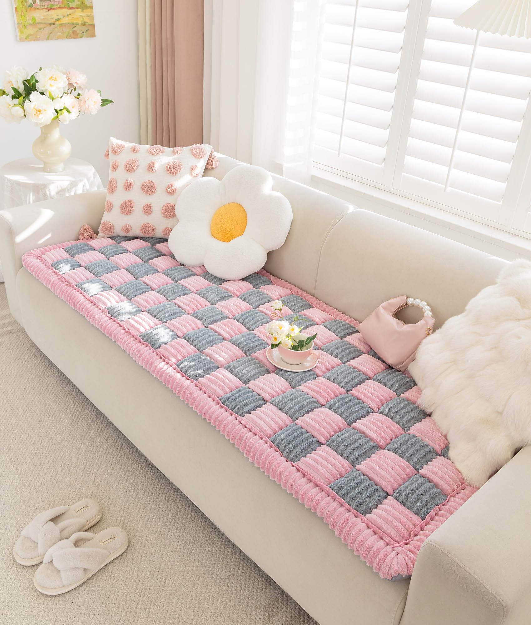 AEEISHOMEREFORM Couch Cover for Dogs Washable, Pet Couch Covers for Sofa, Anti Slip Friendly Sofa Cover Pet Bed Mat Couch Cushion for Large Dogs (Pink&Grey, 27.6x82.7 inch)