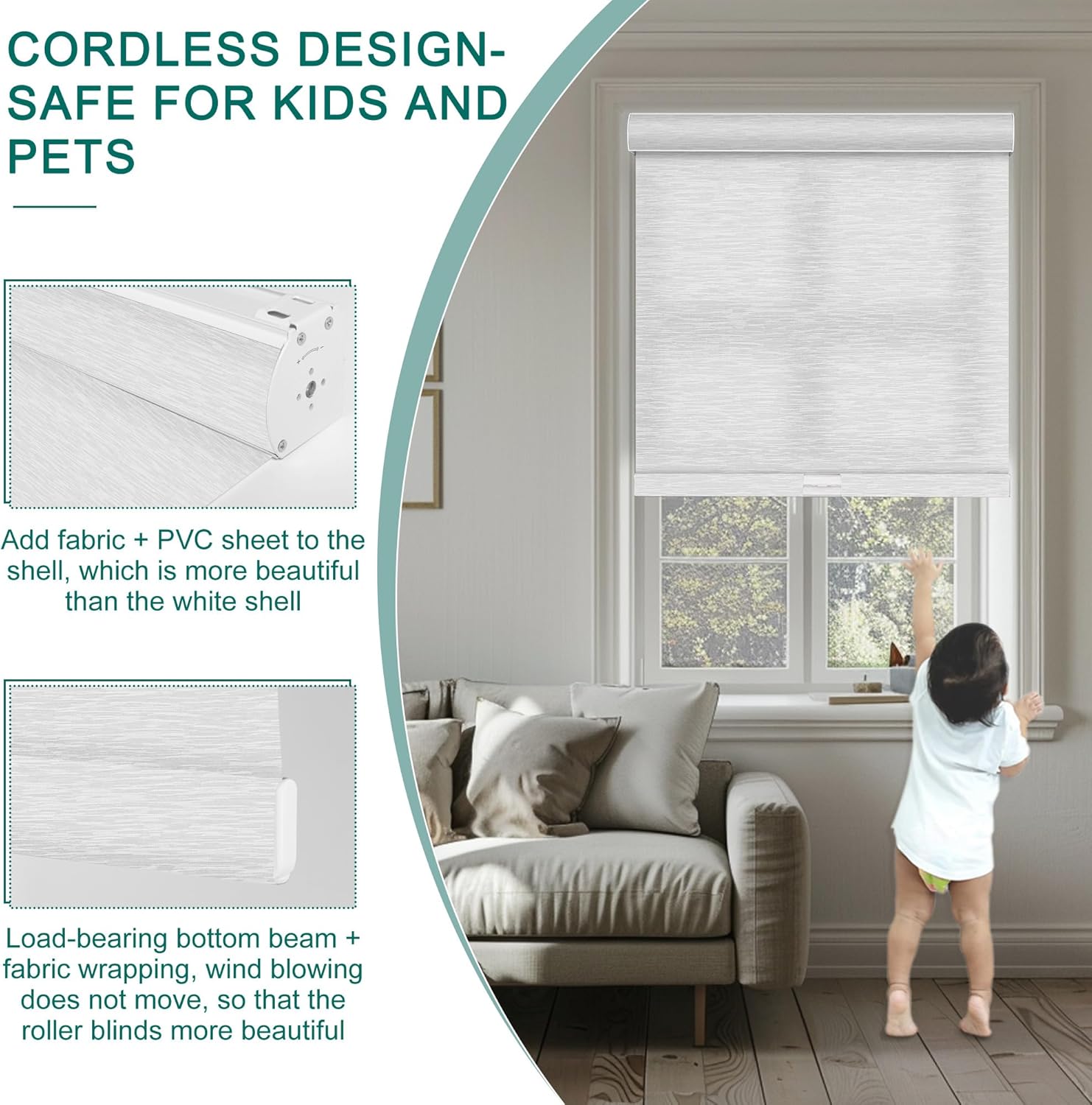 Light Filtering Roller Blinds & Shades Cordless Blinds for Windows with Jacquard Fabric, UV Protection Thermal Insulated Door Blinds, Easy to Install Window Blinds,(White,34" W x 64" H)