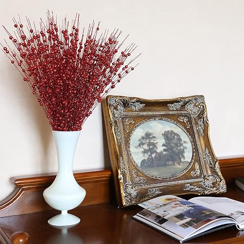 Miniatura 3 de joyhalo Paquete de 24 adornos artificiales con tallos de bayas con purpurina, palitos decorativos de cuentas, ramitas brillantes, púas, ramas para