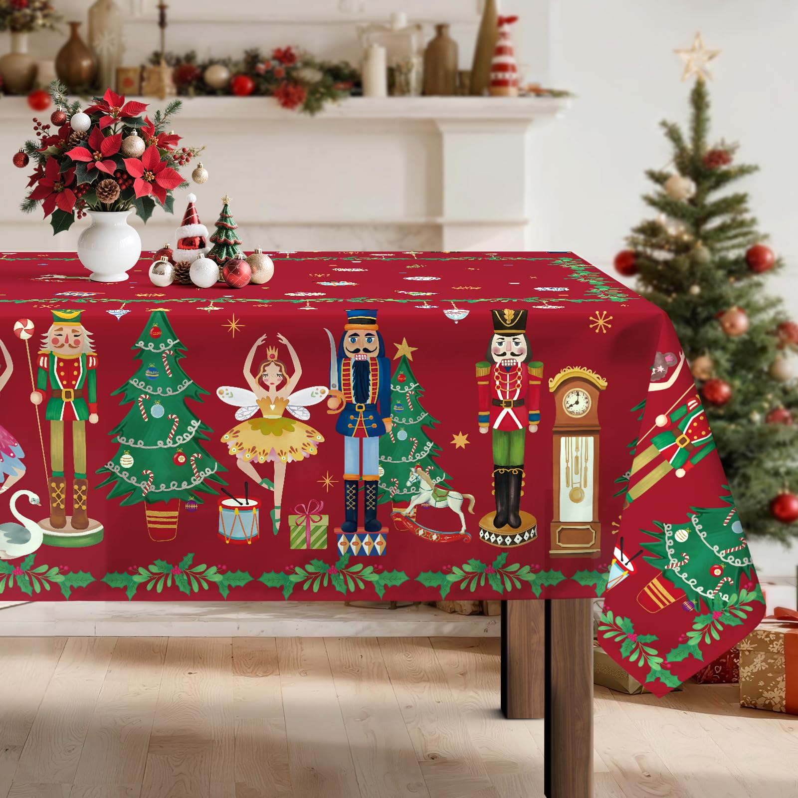 Mantel Rectangle, Navidad Cascanueces Xmas Rojo Mantel Impermeable Antimanchas Lavable Duradera Verde para Cocina Comedor Fiestas Primavera Verano(304X152Cm)