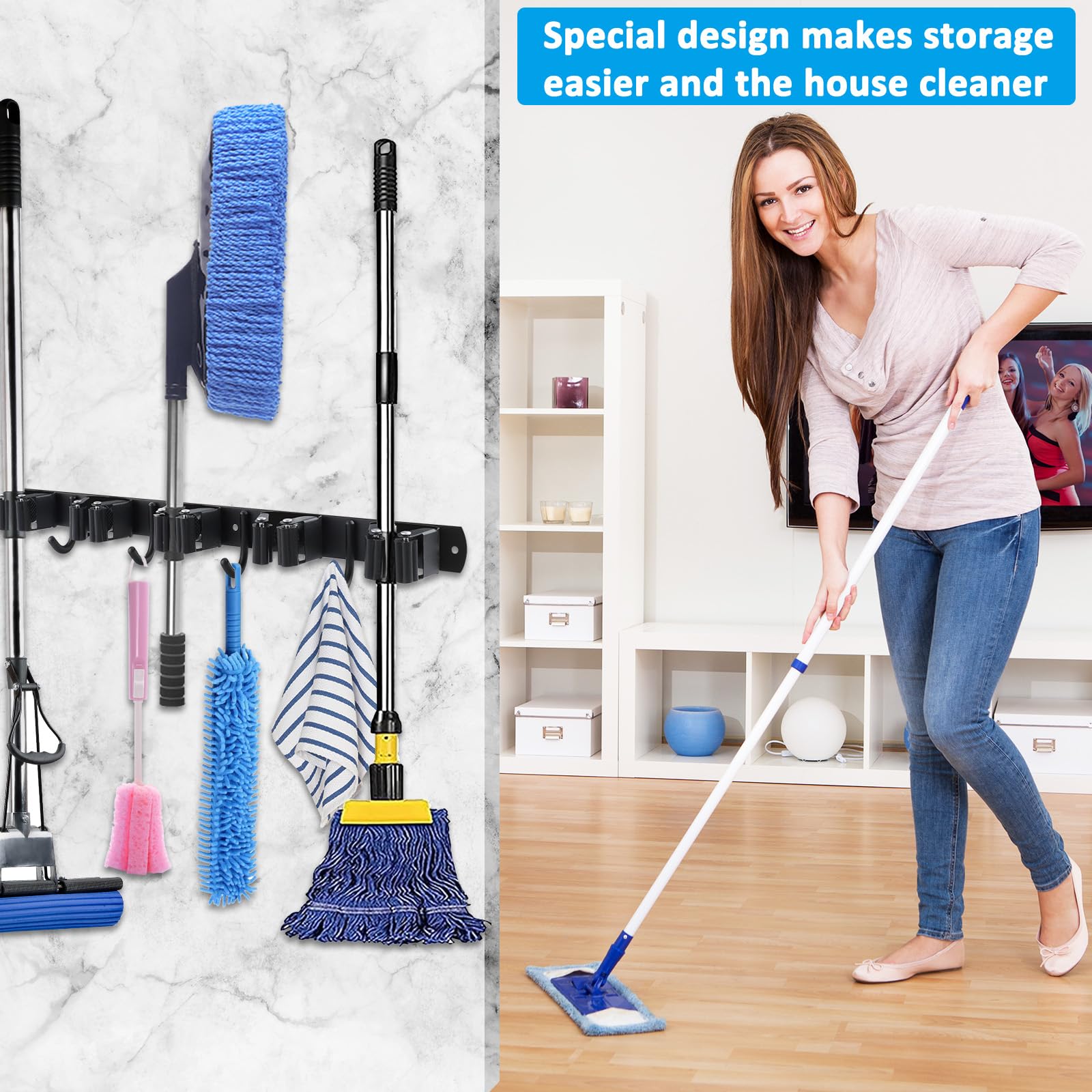 Porta Scope Parete, 5 Supporti e 4 Ganci Appendi Scope a Muro Acciaio Inossidabile per Bagno, Cucina, Garage, per Attrezzi da Giardino Nero 2 Pezzi
