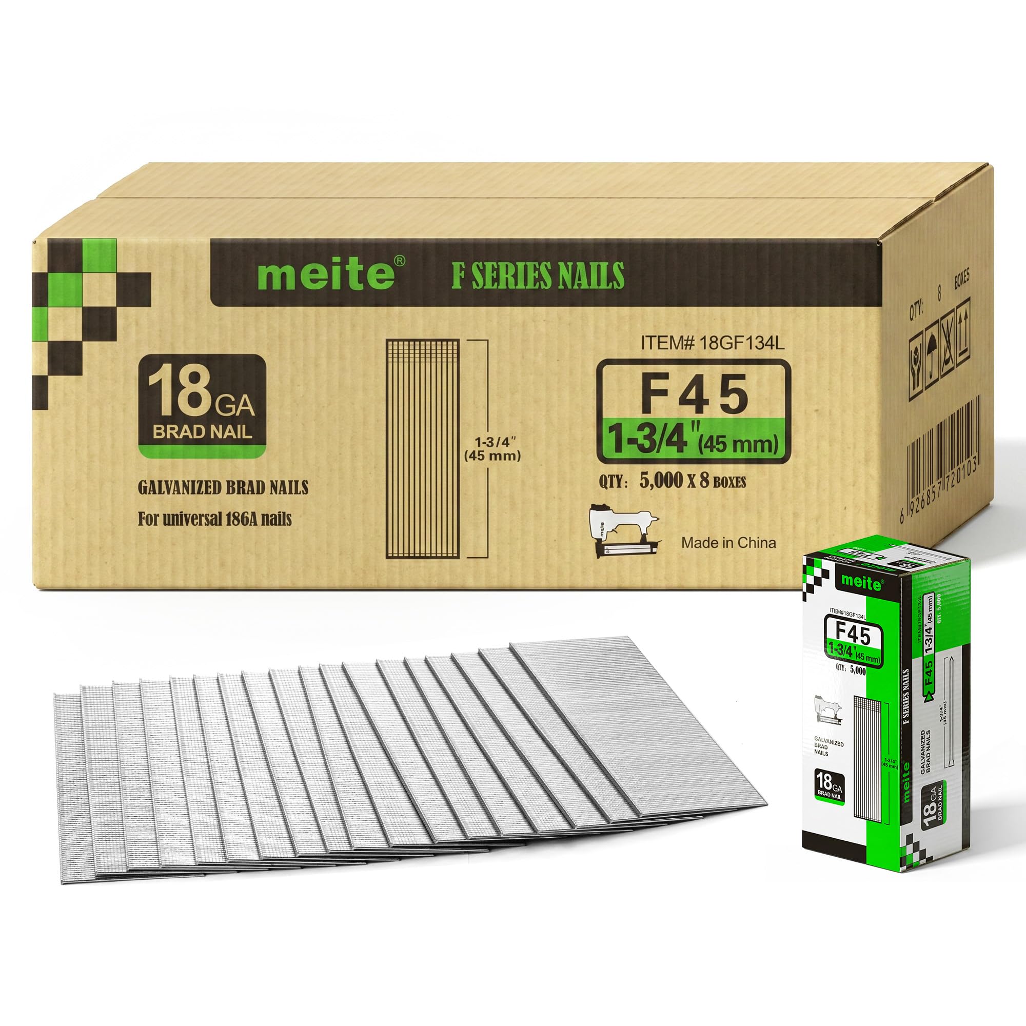 meite 18 Gauge Brad Nails, 45 mm 18G Brad Nails for Nail Gun, Galvanised Small Finishing Nails for Pneumatic, Electric 18GA Brad Nailer Gun (1 Case - 8 Boxes)