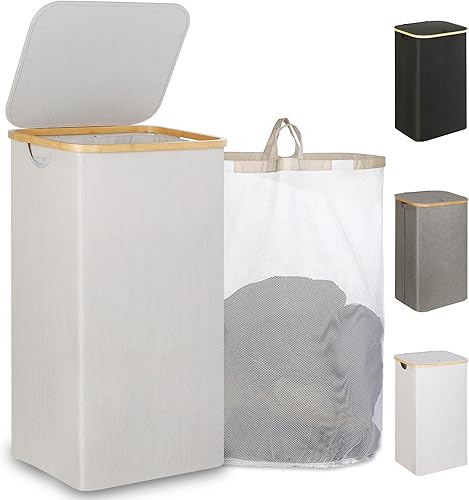 Miniatura 15 de Canasta de lavandería de 150 litros con tapa - Gran canasta de lavandería con asas de bambú, color gris, cestas para lavandería, cesta de ropa sucia