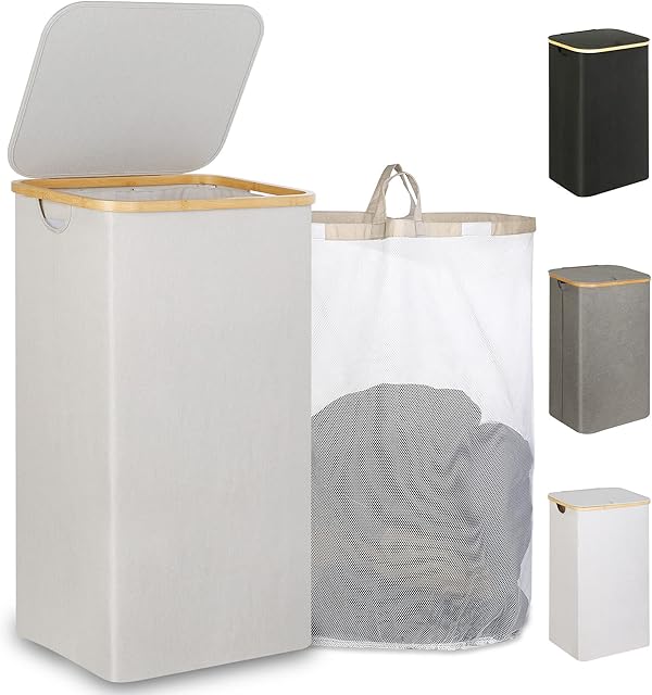 iEGrow Laundry Hamper 110L, Laundry Basket with Lid and Handle, Collapsible Laundry Baskets with Removable Inner Bag, Bamboo Washing Basket for Bedroom Bathroom Laundry Room (Light Grey)