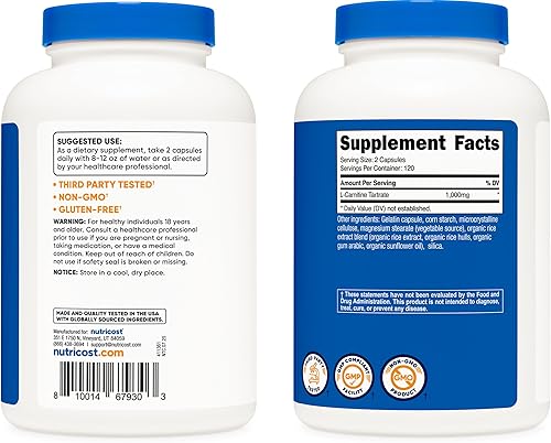 Miniatura 7 de Nutricost Tartrato de L-Carnitina 500 mg 240 cápsulas - 1000 mg por porción 2 botellas