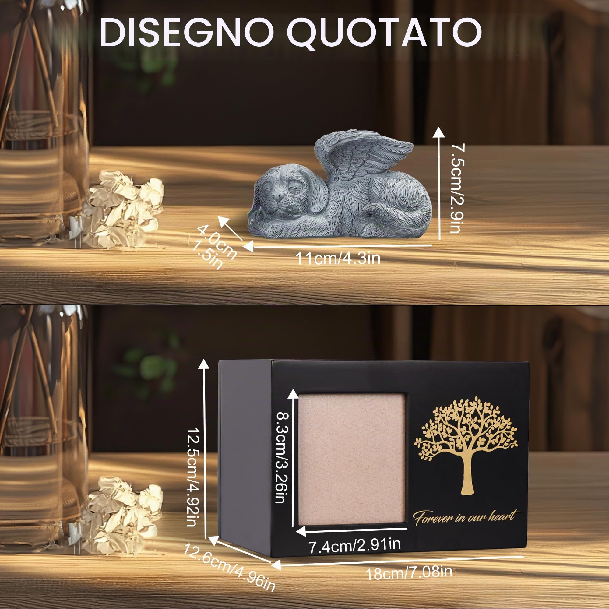 Urna per le ceneri di cane, modello di albero in legno nero con cornice per foto, scatola dei ricordi con statua di cane in resina e sacchetti sigillati per la conservazione (25kg)
