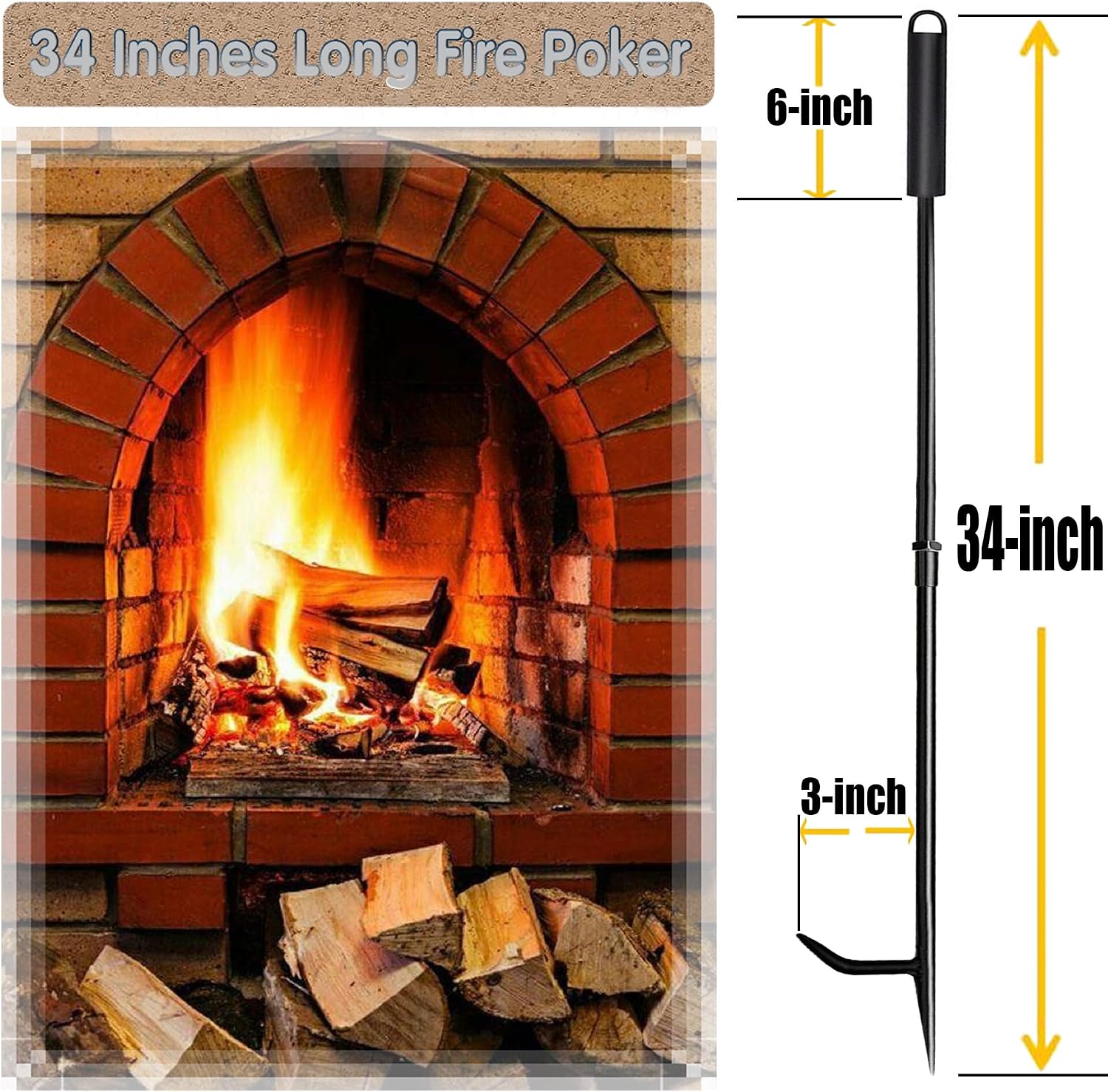 Fire Poker for Fire Pit, Heavy Duty 34-Inch Solid Steel Fireplace Poker, Portable Removable Design Poker Fire Poker for Fire Pit Outdoor Fireplaces Solo Stove Campfires & Indoor Use
