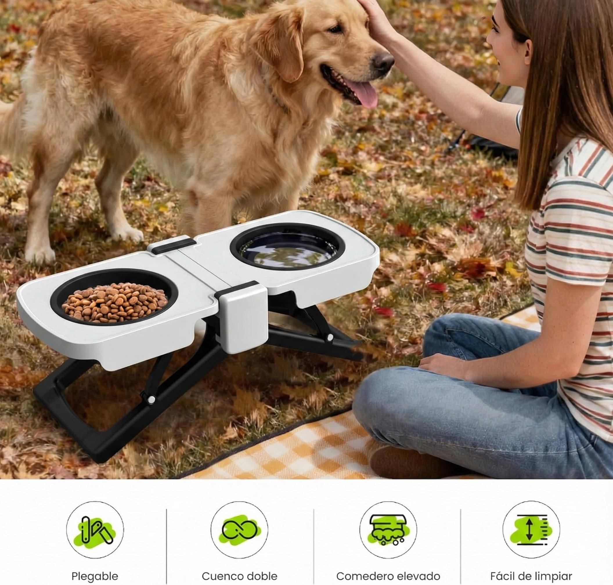 JARUKI® Comedero Elevado para Perro – Comedero y Bebedero Portátil Doble Cuenco Plegable, Compacto y Fácil de Transportar – Accesorios para Mascotas Ideal para Viajes, Camping y Caravanas.