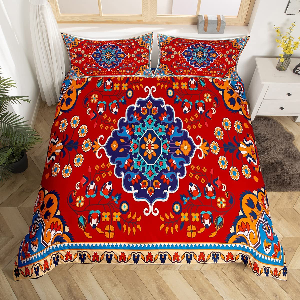 Homewish Oriental Bedding Set Single Vintage Comforter Cover Floral Bed Set Boho Tribal Duvet Cover Traditional Aesthetic Quilt Cover Hippie Paisley Man Ala Decor Red With Zipper Closure