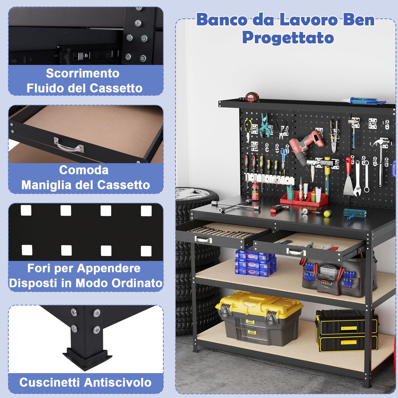 COSTWAY Banco da Lavoro con Piano da 120 x 60 cm, Banco da Lavoro Officina con Pannello Forato e 24 Ganci Porta Attrezzi, Tavolo da Lavoro per Garage con 2 Cassetti e 2 Mensole (Nero)