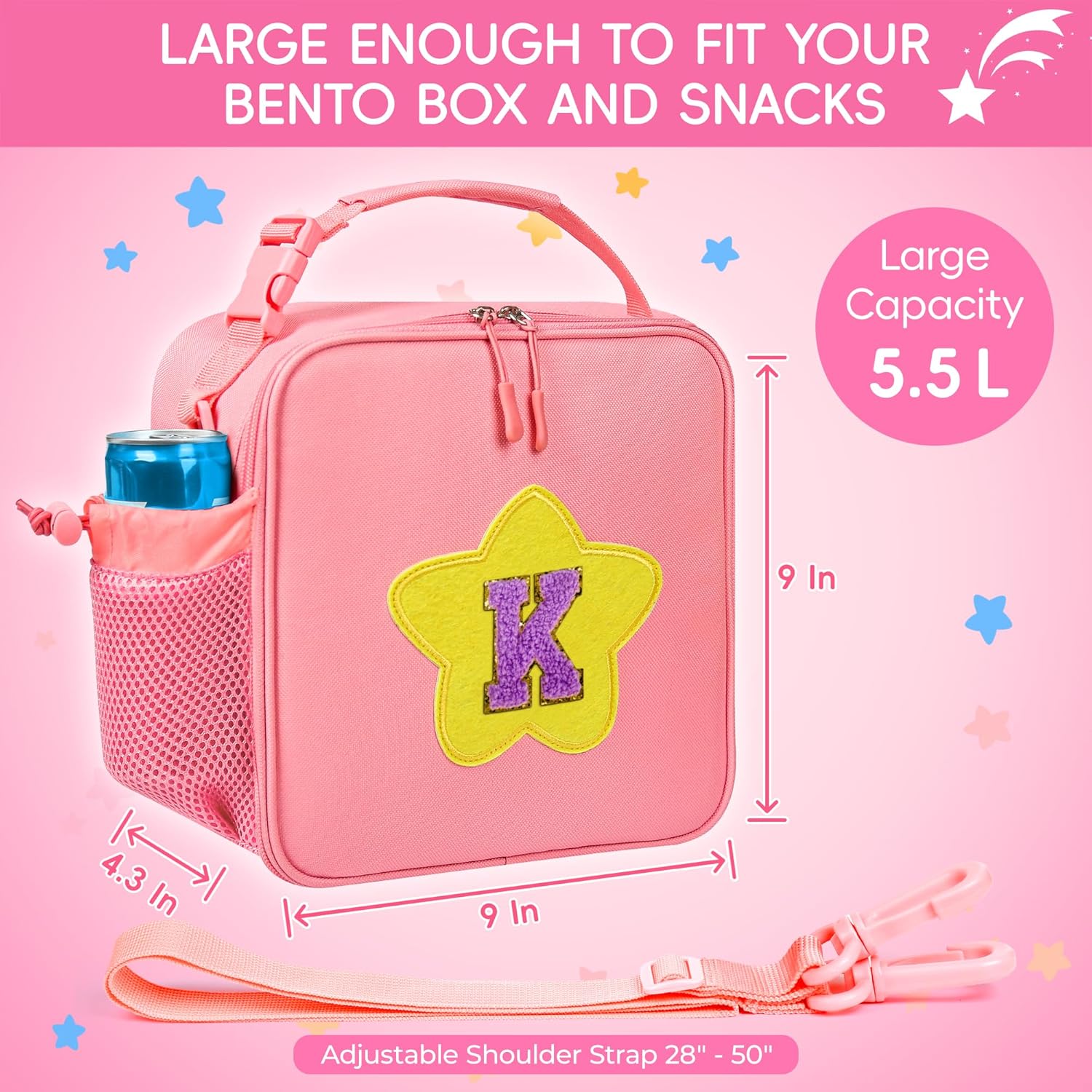 Initial Lunch Box for Women Kids Girls,Cute Pink Insulated Lunch Bag with Chenille Letter, Reusable Square Bento Lunch Box for School Office Picnic,Kids Lunch Bag for Teen Girls (Pink, K) - Image 2