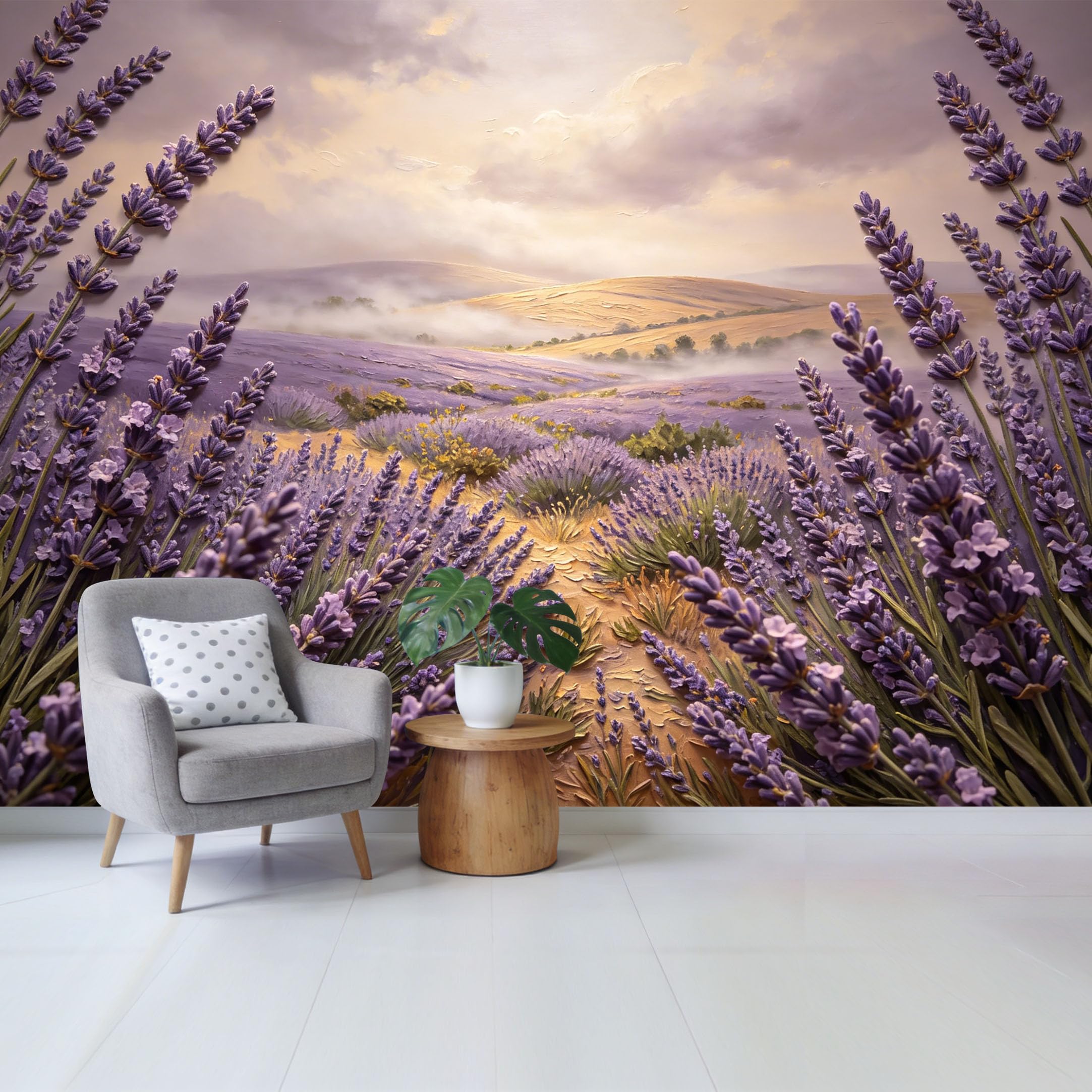 Qzlithotic Yq2605251145 Custom Size Wall Mural Purple Lavender Field Landscape Oil Painting Textured Selfadhesive Wall Fabric Removable Wallpaper For Home Office Decor