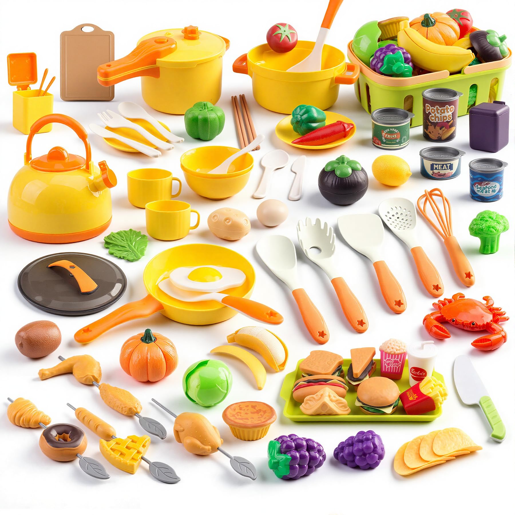 Photo 1 of 120Pcs Mini Play Kitchen Accessories, Kids Pretend Cooking Playset with Desserts, Cuttable Veggies & BBQ & Storage Basket, Educational Role-Play Gift for Toddlers, Child, Yellow