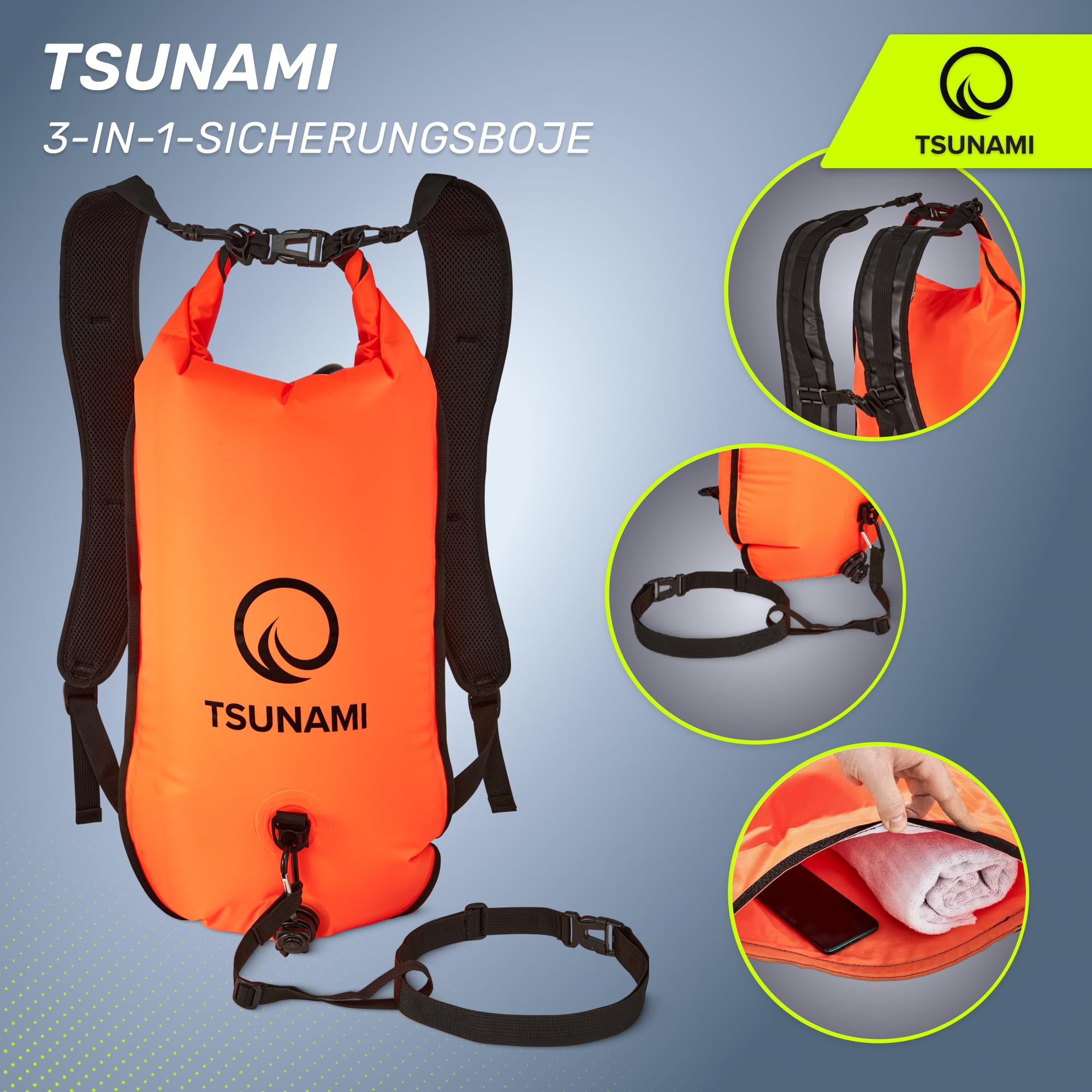 TSUNAMI Schwimmboje PRO mit 2-in-1-Trockentasche, Aufblasbare Schwimmhilfe für Schwimmen, Schnorcheln, SUP, Freiwasserschwimmen und Wildschwimmen, Sicherheitsboje, sichtbare Boje