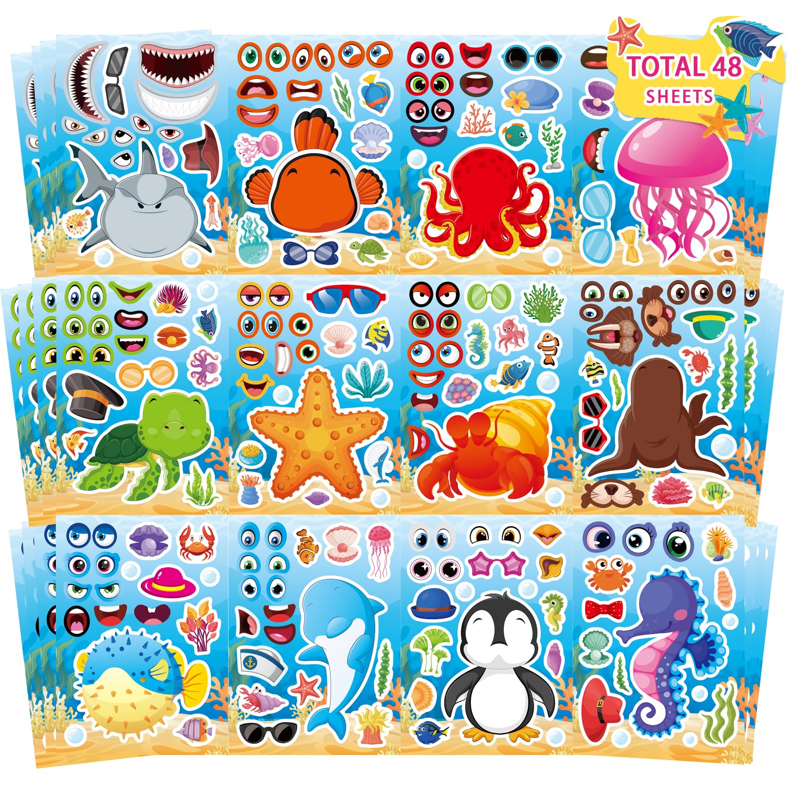 48 Sheets Ocean Stickers for Kids,Make a Face Sea Animal Mix and Match Sticker Sheets, Summer Sticker,12 Sea Creature Designs for Party Favors,