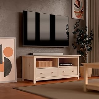 Handcrafted Solid Oak TV Stand Entertainment Center - Elegant Unfinished Media Console with Spacious Storage Drawers & Open Shelves - Sturdy Wood Cabinet Fits TVs up to 55 Inches