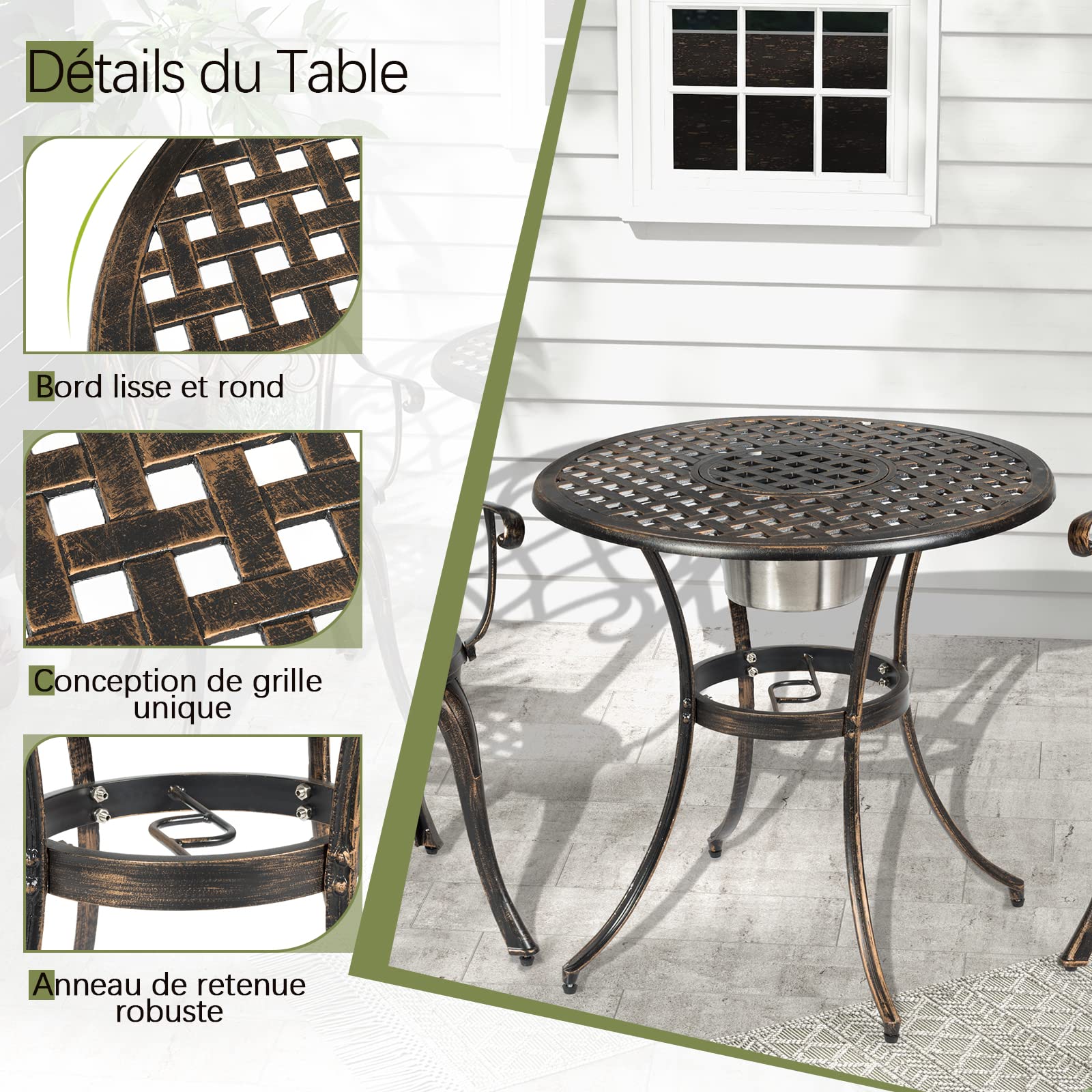GOPLUS Ensemble de Bistrot 3 Pièces en Fonte d'Aluminium, Table Ronde avec Seau à Glace Amovible & 2 Chaises, Résistant aux Intempéries, Style Antique