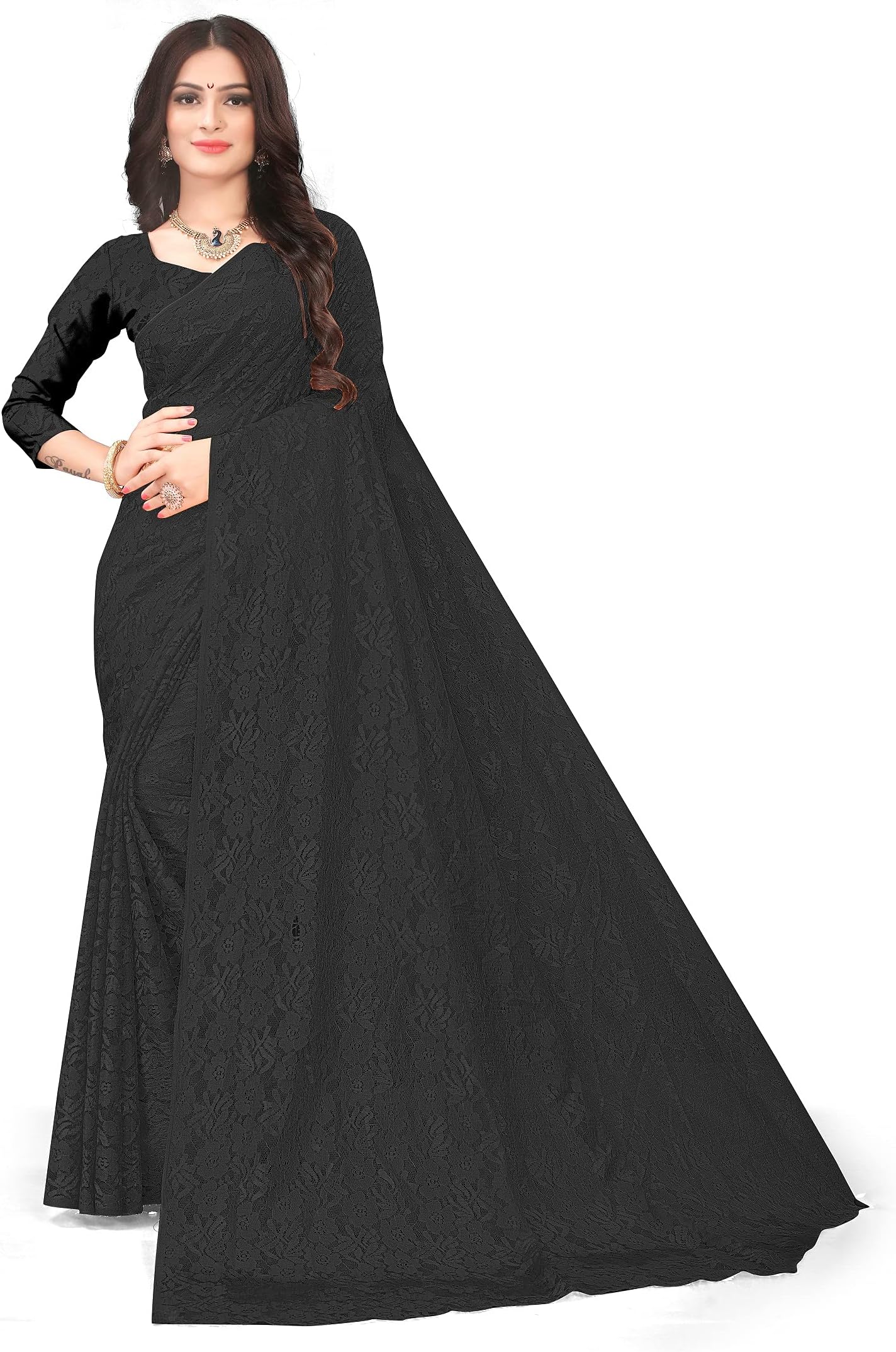 GenericLEOSAGI Women Cotton Solid Ethnic Saree (Black, Free Size)