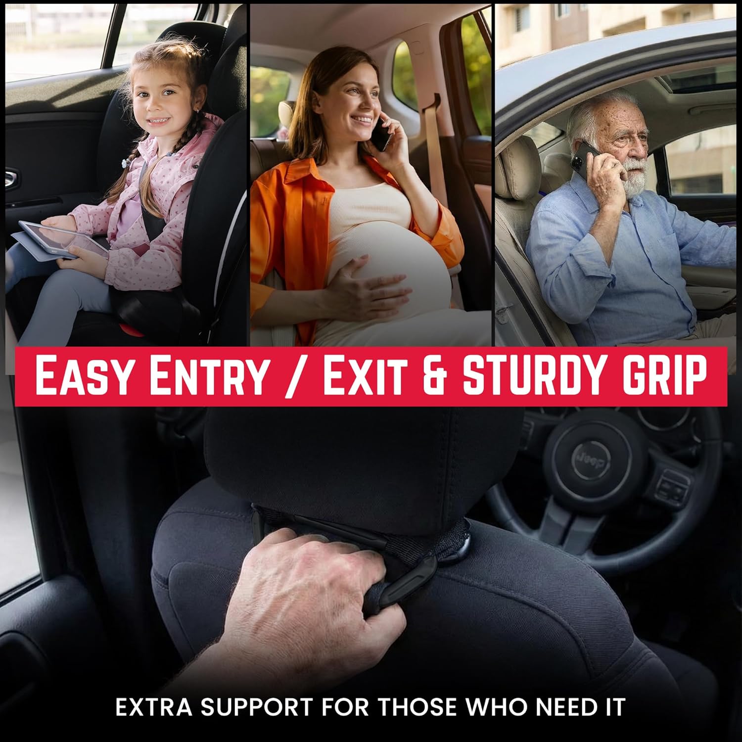 GPCA GP BackGrip Lite Headrest Handle for Cars, Jeeps, Trucks, and More, Back Seat Grab Handles and Hand Grips, Patented Jeep Accessories and Car Accessories Easy to Install (2-Pack, Black)