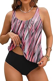 Yonique Blouson Tankini Swimsuits for Women Modest Bathing Suits Two Piece Loose Fit Swimwear, Pink Striped, 20 Plus Price In India
