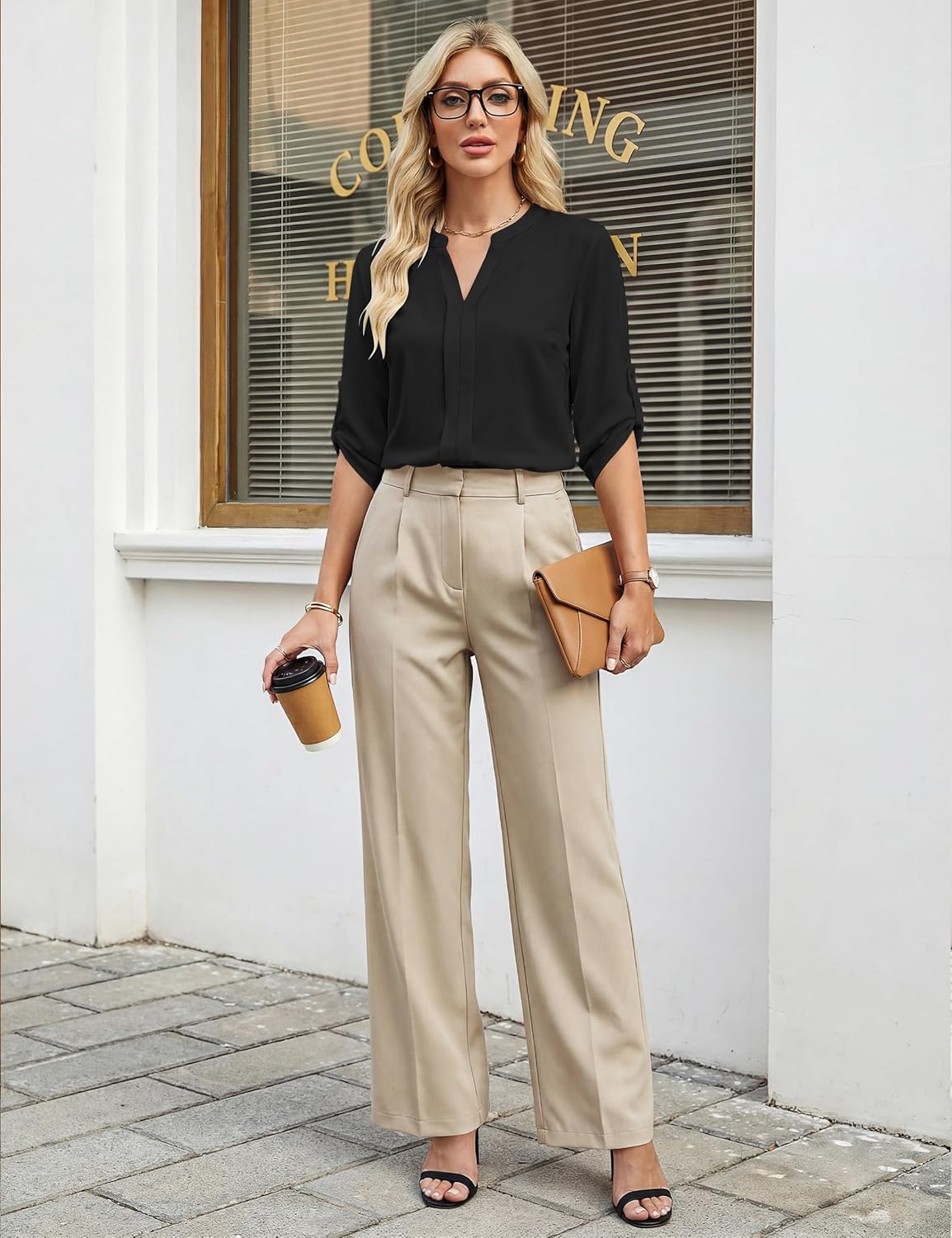 Blooming Jelly Women 3/4 Length Sleeve Business Dressy Casual Blouses Pleated V Neck Summer Tops Trendy Work Outfits - Image 3