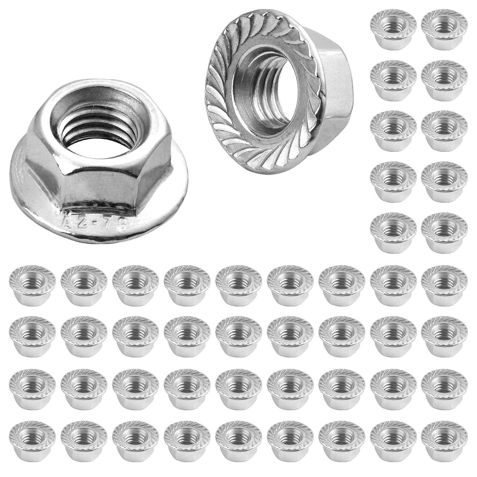 Akamino 50 Pcs M10 x 1.5mm Flange Nuts,304 Stainless Steel Metric Serrated Flange Hex Flange Nuts, Bright Finish Lock Nuts,Silver