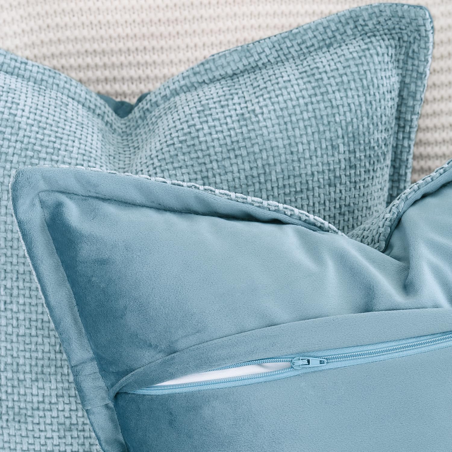Madizz Set of 2 Chenille Velvet Cushion Covers with Flange Soft Boho Textured Throw Pillow Covers Broadside Pillowcases Modern Farmhouse Home Decor for Sofa Bedroom Light Blue 16x16 inch - Image 4
