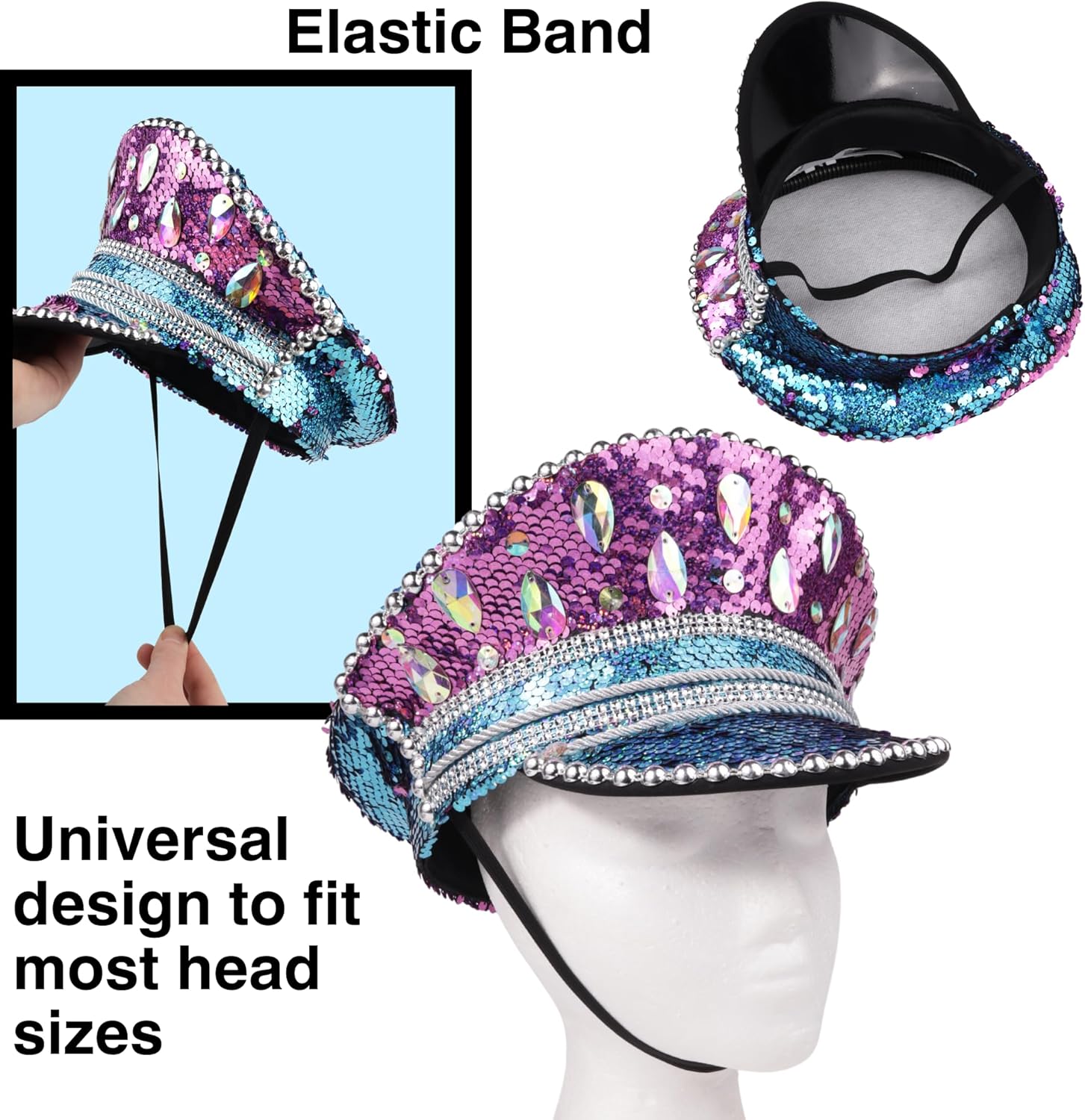 Needzo Studded Rhinestone Captain's Hat, Accessories for Music Festivals, Pride, and Bachelorette Parties, One Size Fits Most