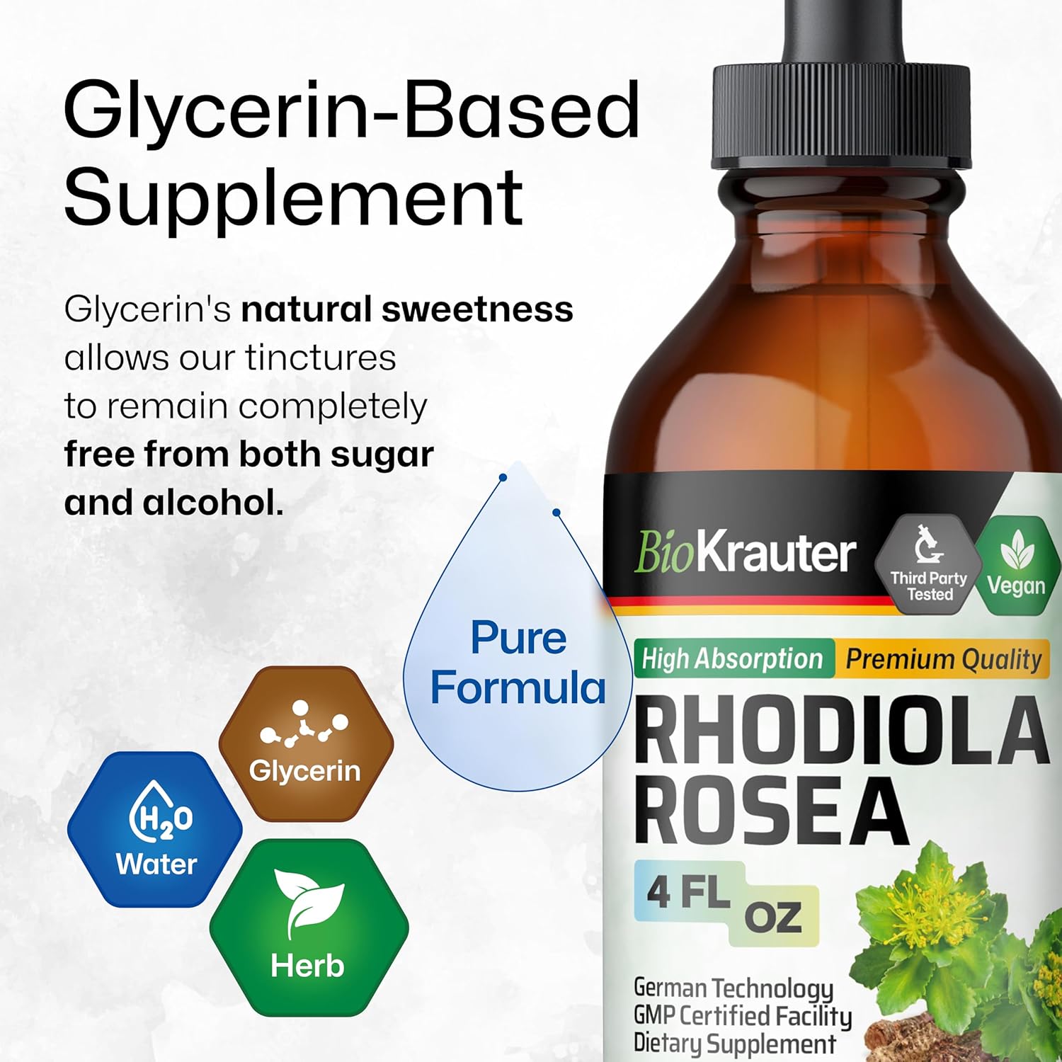 BIO KRAUTER Rhodiola Supplement Liquid - Pure Rhodiola Rosea Tincture for Calmness Support - Alcohol & Sugar Free Extract - 4 Fl.Oz. - Image 4